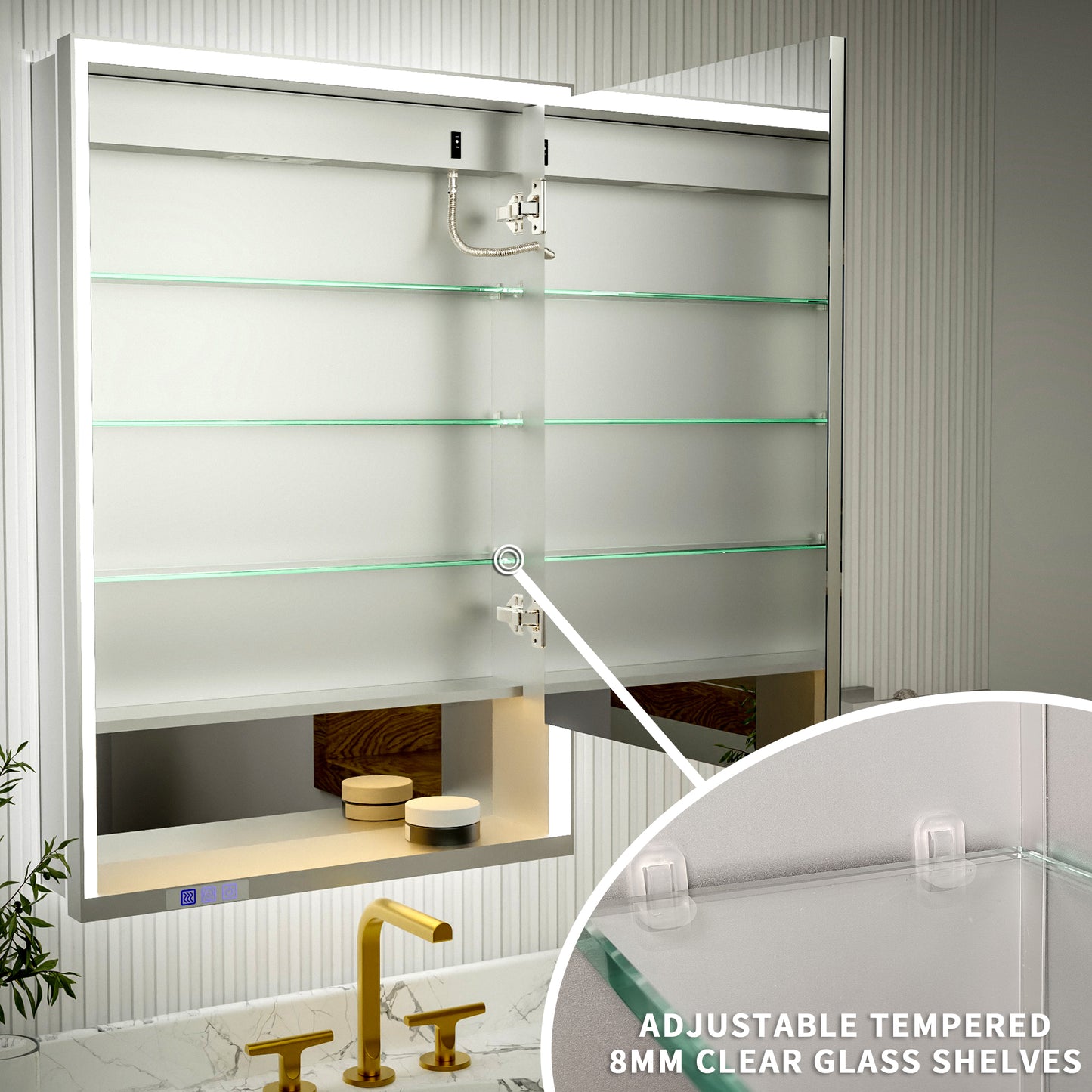 Ample 24" W x 36" H LED Lighted Chrome Medicine Cabinet with Mirror and Shelves for Bathroom Recessed or Surface Mount, Right Hinge