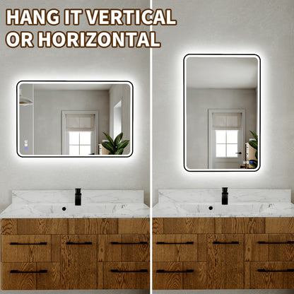 Lumina 24" W x 36" H LED Lighted Bathroom Mirror,High Illuminate, Inner & Outer Lighting,Anti-Fog, Dimmable,Black Frame with Rounded Corners