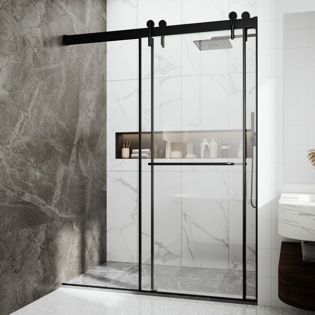 Side view of sliding glass shower door semi-frameless in open position, highlighting 28-3/8" walk-through width and sleek profile.