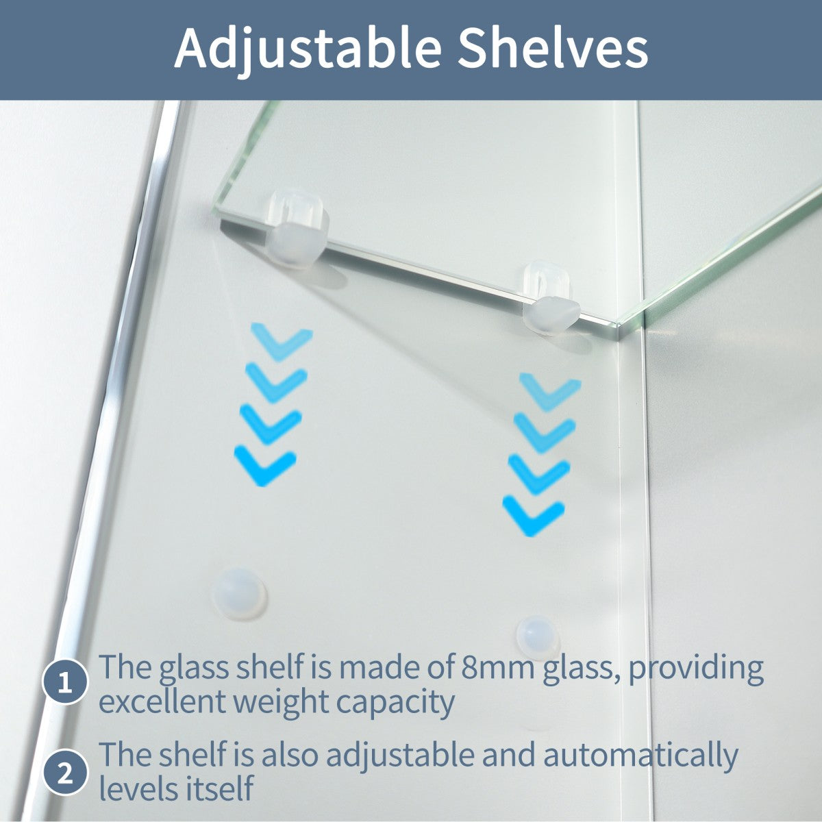 Glass shelf with adjustable shelves feature and text about glass thickness and automatic leveling.
