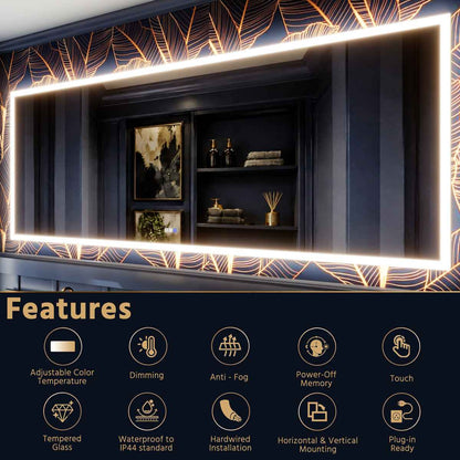 Solen 96" x 36" Frameless Rectangular Lighted Vanity Mirror with Anti-Fog and Bright LED Lighting