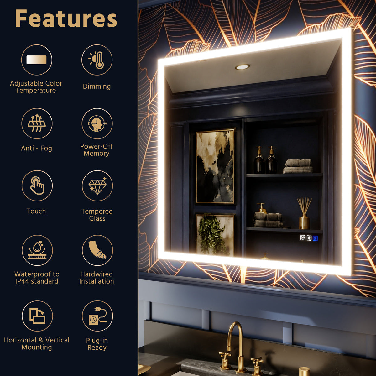Solen 40" x 32" Frameless Rectangular Lighted Vanity Mirror with Anti-Fog and Bright LED Lighting Bathroom mirror