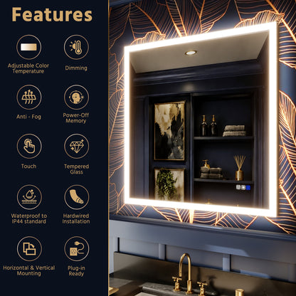 Solen 36" x 36" Frameless Rectangular Lighted Vanity Mirror with Anti-Fog and Bright LED Lighting Bathroom mirror