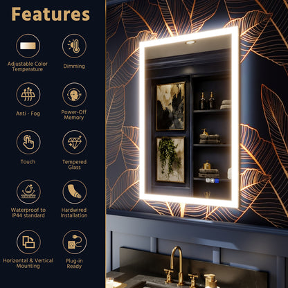 Solen 24" x 36" Frameless Rectangular Lighted Vanity Mirror with Anti-Fog and Bright LED Lighting Bathroom mirror