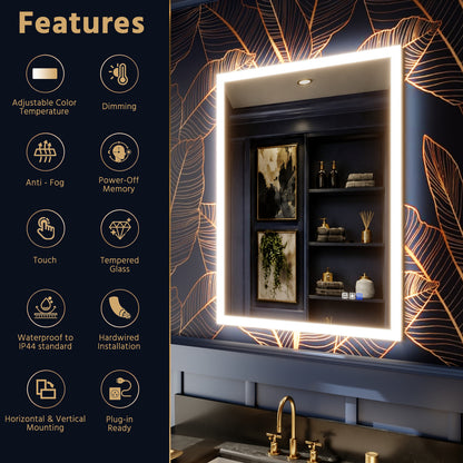 Solen 28" x 36"Frameless Rectangular Lighted Vanity Mirror with Anti-Fog and Bright LED Lighting Bathroom mirror