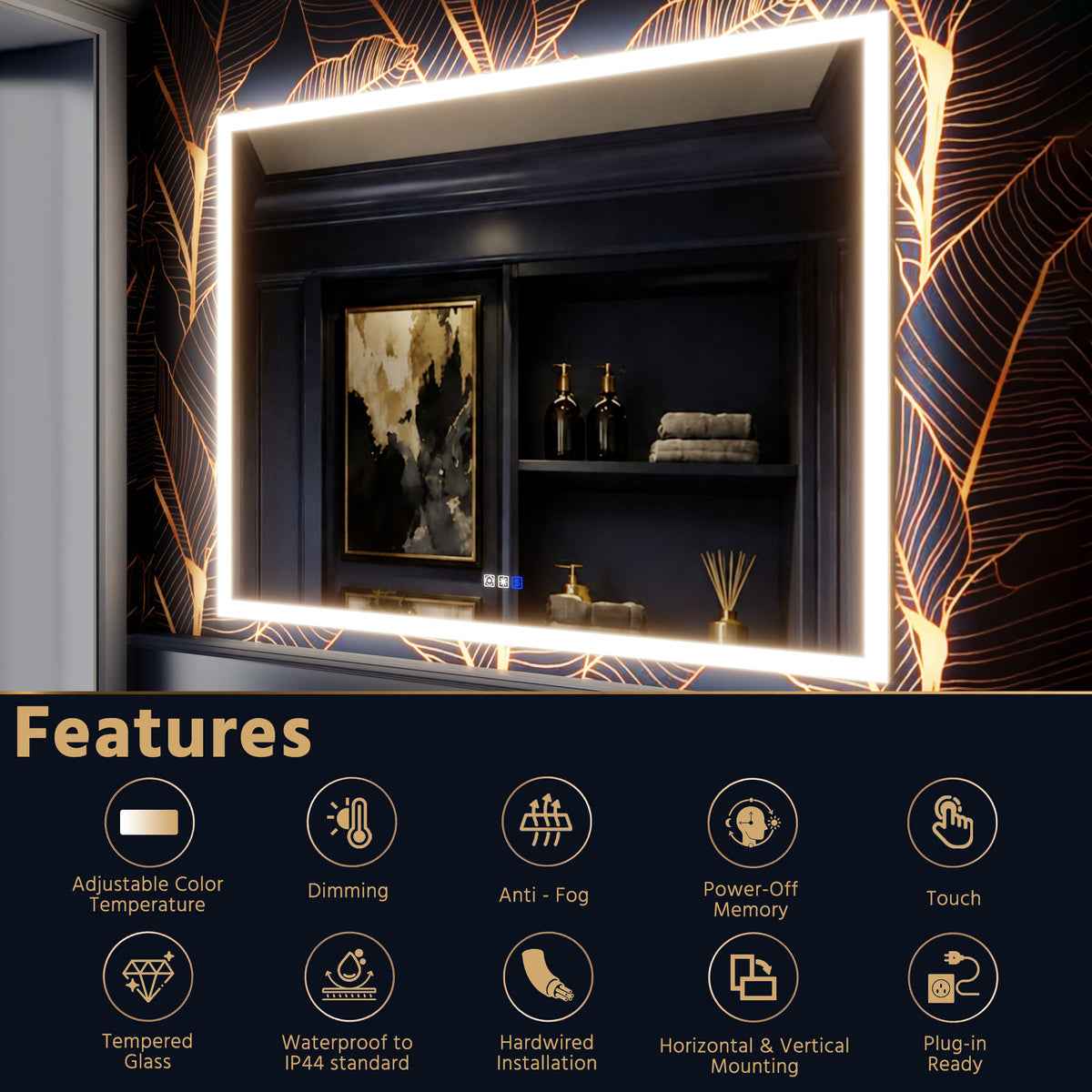 Solen 48" x 36" Frameless Rectangular Lighted Vanity Mirror with Anti-Fog and Bright LED Lighting