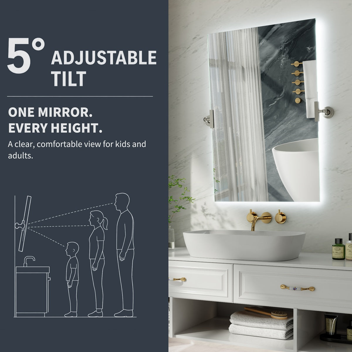 24"x 36" Navi-pro  Frameless Rectangular 3-Color Backlit Pivoting LED Bathroom Mirror