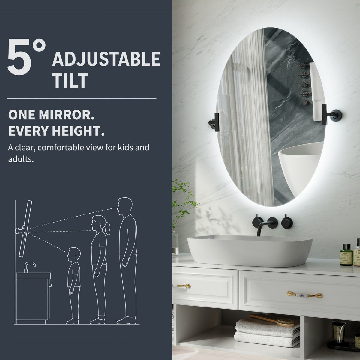 24"x 36" Navi-pro Frameless Oval 3-Color Backlit Pivoting LED Bathroom Mirror