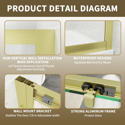 Haven 36" x 72" Corner Shower Enclosure,6mm Clear Glass,Double Sliding Shower Doors,Brushed Gold,Not Base,Adjustable