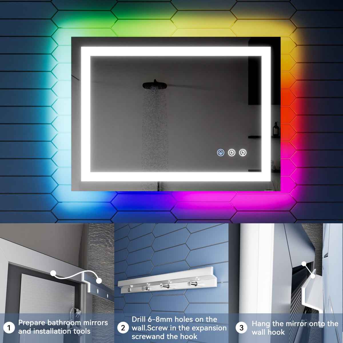 32"x 24" RGB Smart LED Bathroom Mirror–Color Changing Backlit Mirror with Anti-Fog & Dimmable Touch Control|Exbrite DYLUX