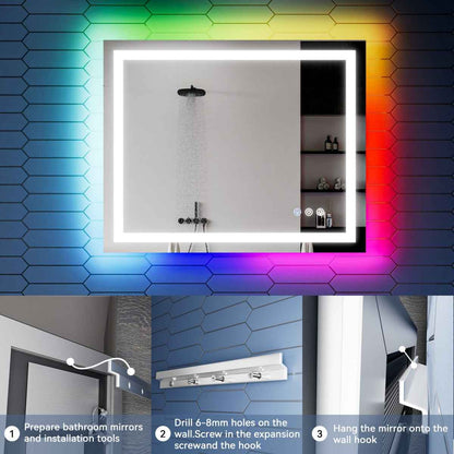 32"x 40" RGB Smart LED Bathroom Mirror–Color Changing Backlit Mirror with Anti-Fog & Dimmable Touch Control|Exbrite DYLUX