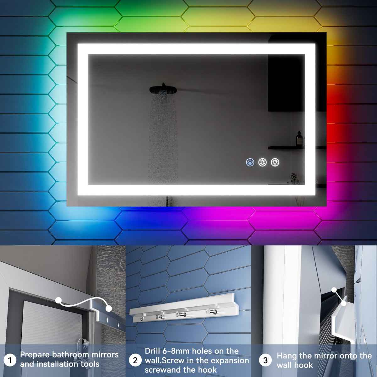 24"x 36" RGB Smart LED Bathroom Mirror–Color Changing Backlit Mirror with Anti-Fog & Dimmable Touch Control|Exbrite DYLUX