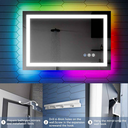 24"x 36" RGB Smart LED Bathroom Mirror–Color Changing Backlit Mirror with Anti-Fog & Dimmable Touch Control|Exbrite DYLUX