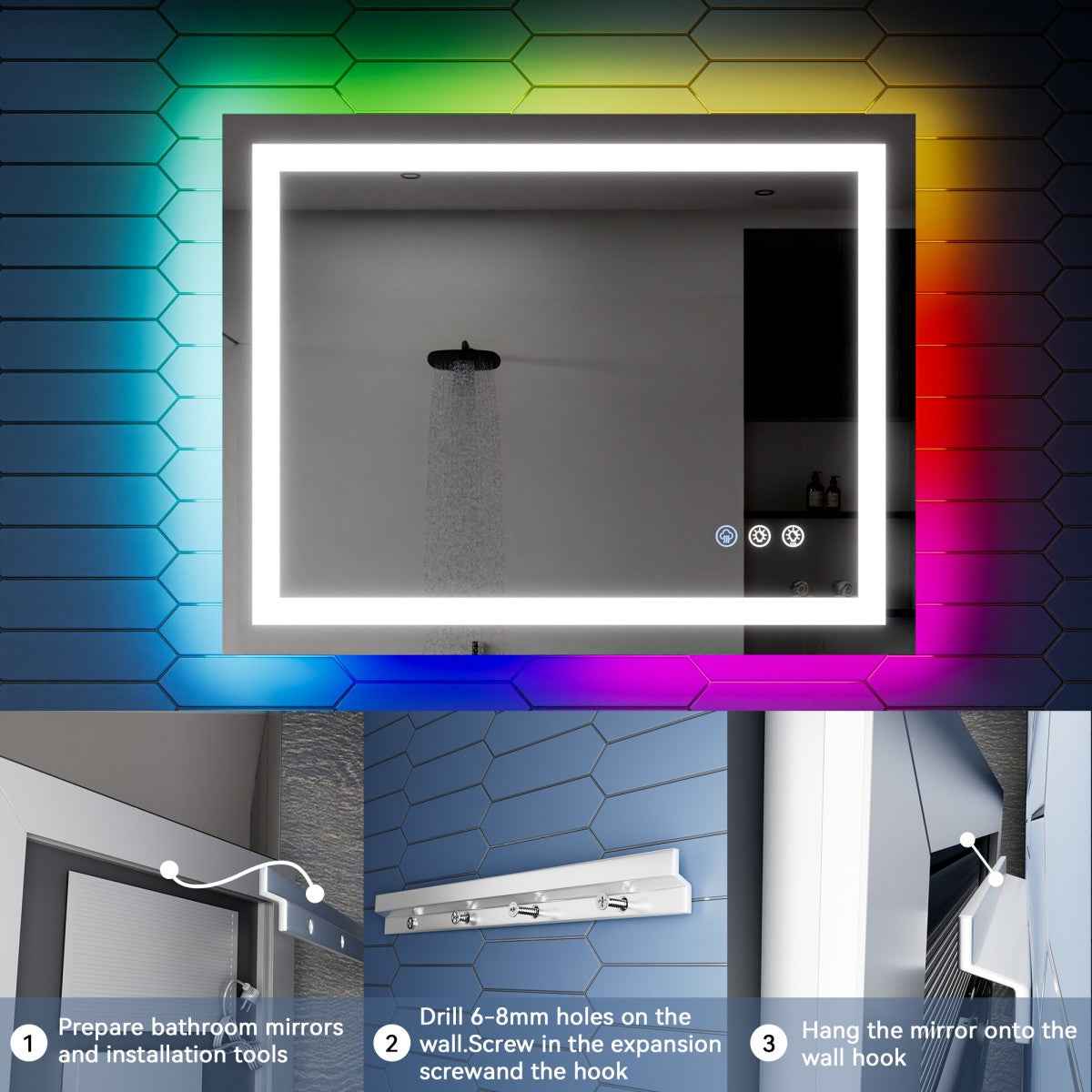 36"x 28" RGB Smart LED Bathroom Mirror–Color Changing Backlit Mirror with Anti-Fog & Dimmable Touch Control|Exbrite DYLUX