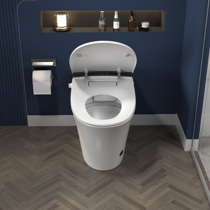 Exbrite Heated Seat Smart Toilet, One Piece Toilet, Automatic Flush Tankless Toilet without Bidet, with Foot sensor Flush, Blue Night Light, Knob Control, Power Outage Flushing, Soft Close Cover,White