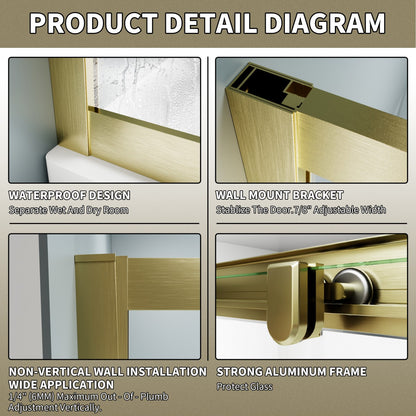 Haven 38" x 72" Corner Shower Enclosure,6mm Clear Glass,Double Sliding Shower Doors,Brushed Gold,Not Base,Adjustable