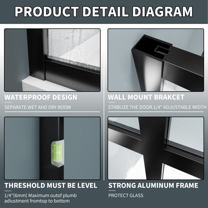 Atlas 46" X 72" Black Shower Door Clear Tempered Glass Framed Shower Screen Walk-in,Corner shower door - ExBriteUSA