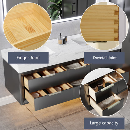 Glam 60" Black Floating Vanity 60 Modern Rubberwood Bathroom Cabinet with Lights and Stone Slab Countertop, Dual Sinks