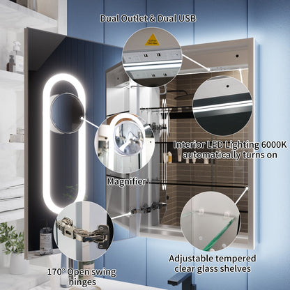Illusion 24" x 32" LED Lighted Medicine Cabinet with Magnifiers Front and Back Light,Hinge on Left