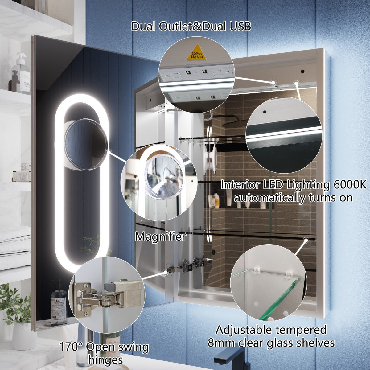 Illusion 20" x 32" LED Surface or Recessed Medicine Cabinet with Magnifiers Front and Back Light,Hinge on the Left