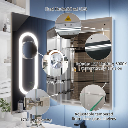 Illusion 20" x 32" LED Surface or Recessed Medicine Cabinet with Magnifiers Front and Back Light,Hinge on the Left