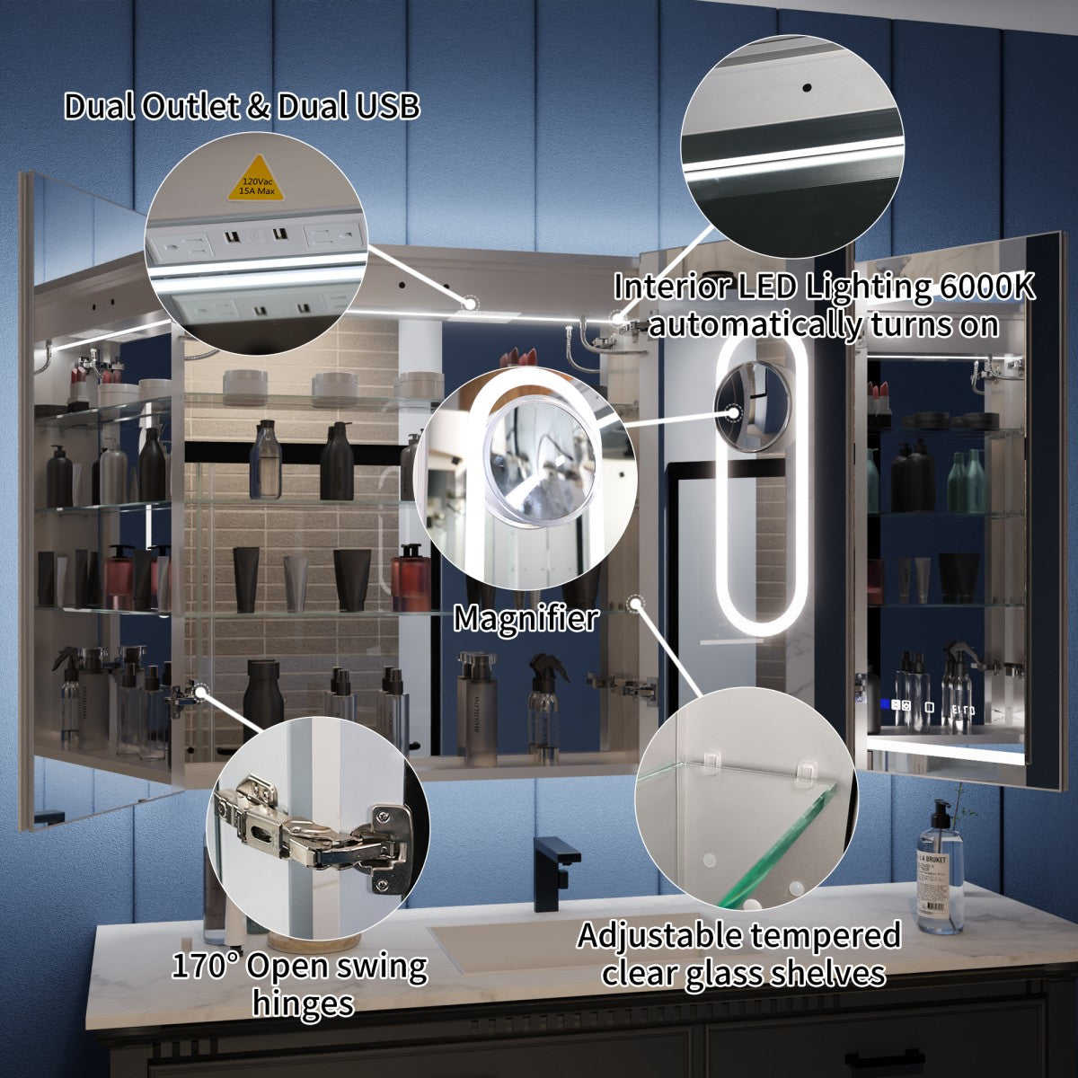 A bathroom vanity mirror set with built-in LED lighting, shown open with callout circles highlighting features such as dual outlet and dual USB charging, interior LED lighting, a magnifier lens, 170° swing hinges, and adjustable tempered glass shelves.