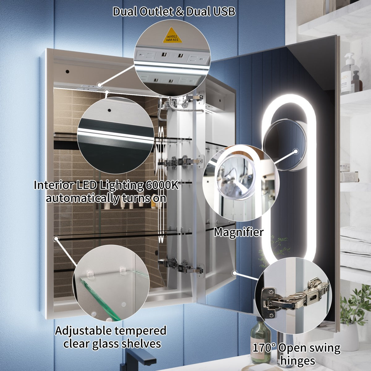 Illusion 24" x 32" LED Lighted Medicine Cabinet with Magnifiers Front and Back Light,Hinge on the Right