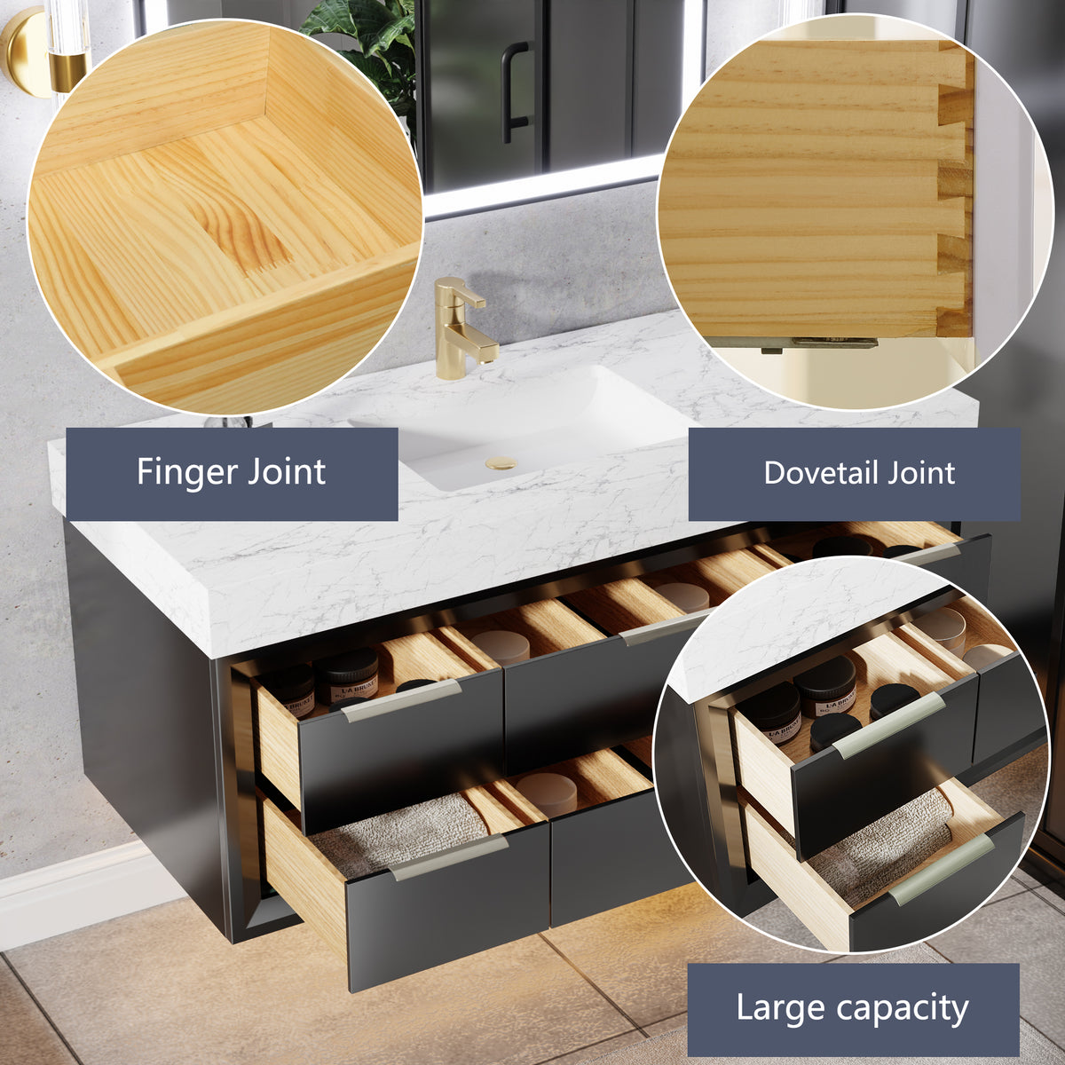 Glam 48 Inch Bathroom Vanity with Top - Modern Floating Black Rubberwood Cabinet with Lights and Stone Slab Countertop, Single Sink