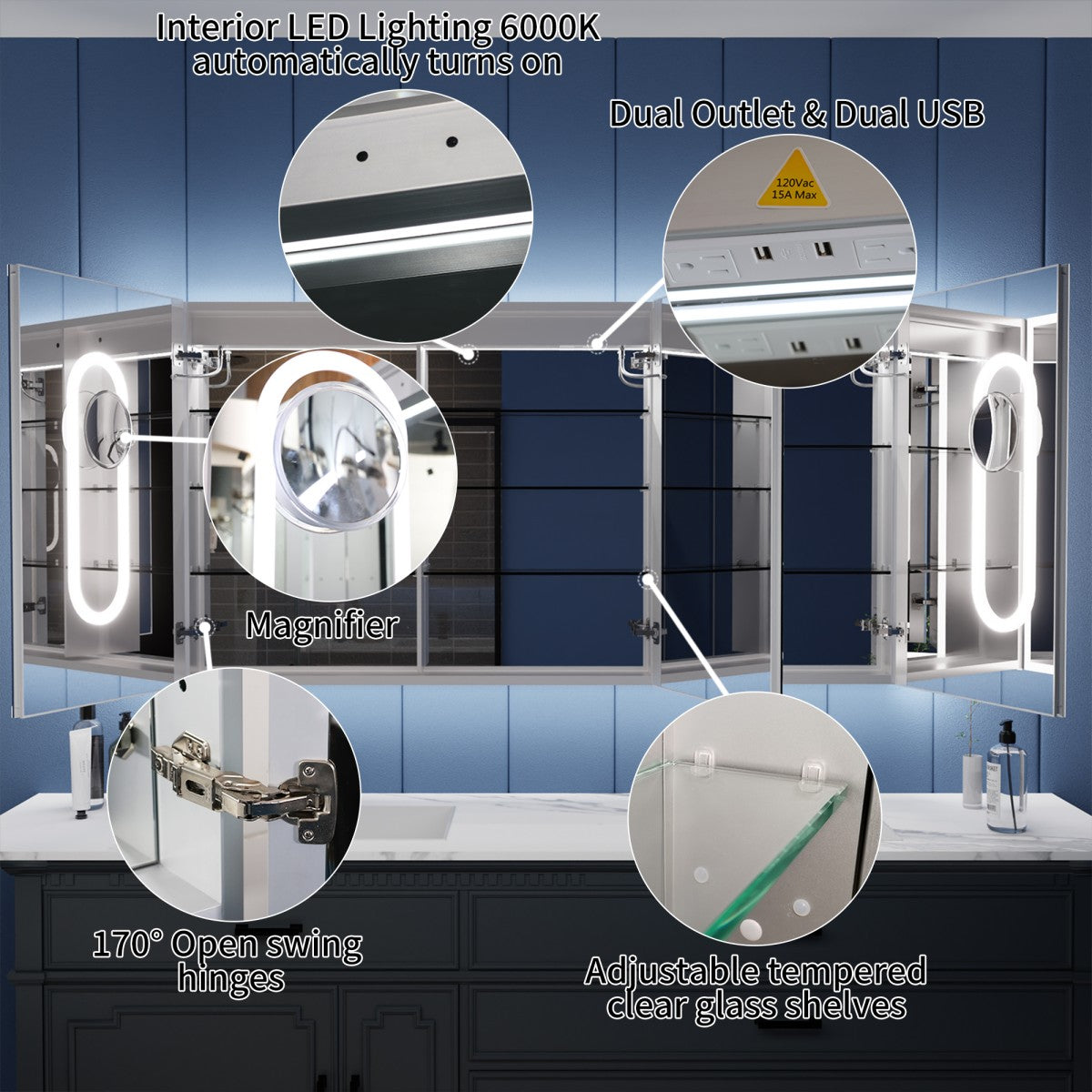 Illusion 60" x 32" LED Lighted Medicine Cabinet with Mirror and Light Magnifiers Front and Back