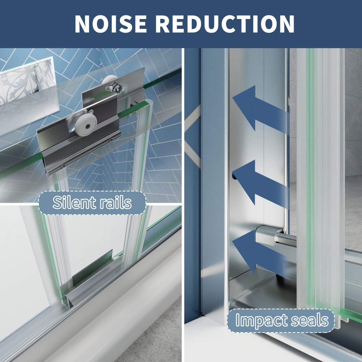 Noise reduction features in sliding glass shower doors with silent rails and impact seals.