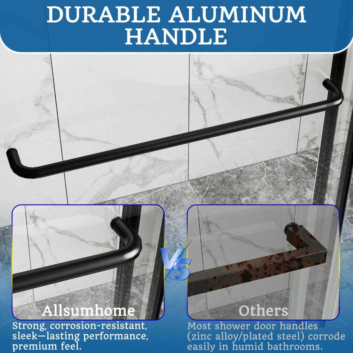 Durable aluminum alloy shower door handle versus corroded zinc alternatives, corrosion-resistant ideal for humid bathroom environments.