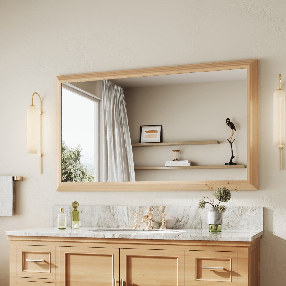 55" x 32" Light Wood Grain Modern, Elegant Rectangular Wall Mirror with Tempered Glass, Shatterproof, Rust-Resistant Light Wood Grain Aluminum Frame for Bathroom, Living Room & Hallway| Nolhurst