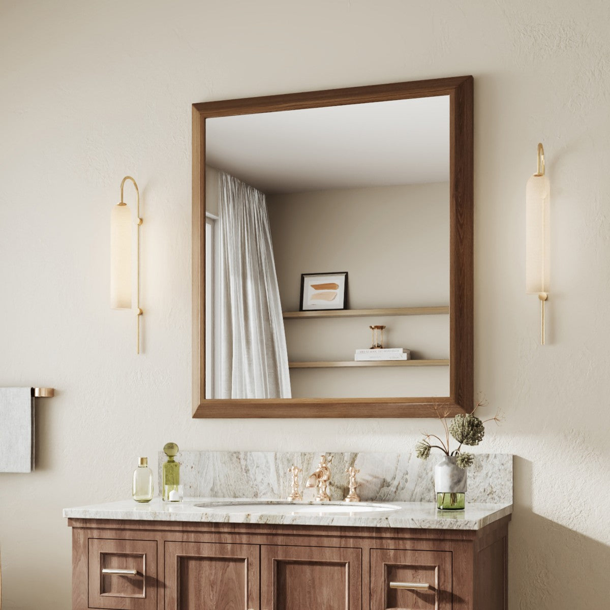 40" x 36" Dark Wood Grain Modern, Elegant Rectangular Wall Mirror with Tempered Glass, Shatterproof, Rust-Resistant Dark Wood Grain Aluminum Frame for Bathroom, Living Room & Hallway| Nolhurst