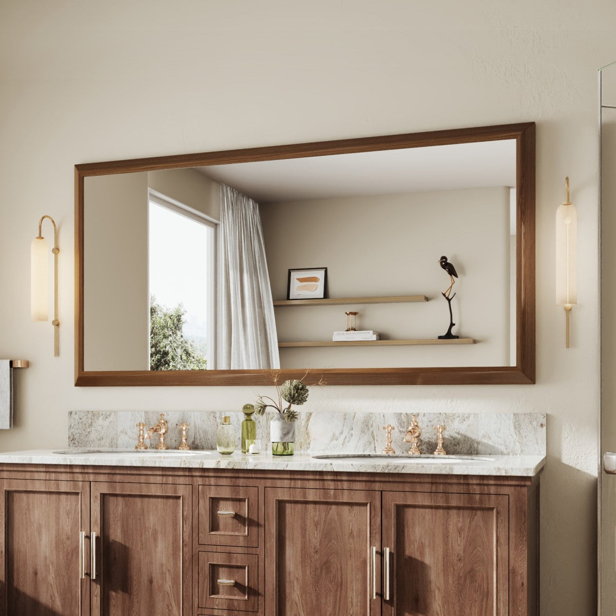 72" x 36" Light Wood Grain Modern, Elegant Rectangular Wall Mirror with Tempered Glass, Shatterproof, Rust-Resistant Dark Wood Grain Aluminum Frame for Bathroom, Living Room & Hallway| Nolhurst