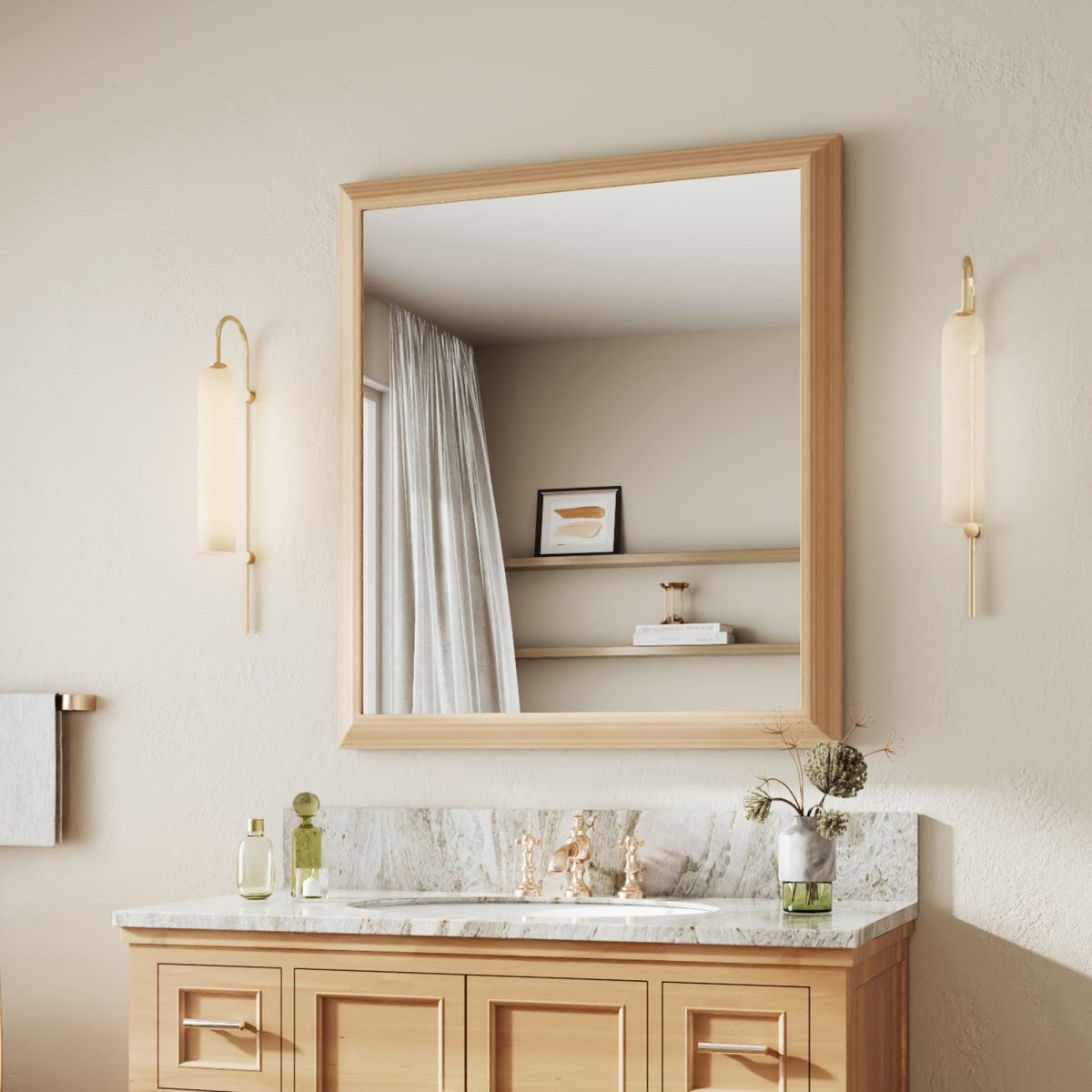 40" x 36" Light Wood Grain Modern, Elegant Rectangular Wall Mirror with Tempered Glass, Shatterproof, Rust-Resistant Light Wood Grain Aluminum Frame for Bathroom, Living Room & Hallway| Nolhurst