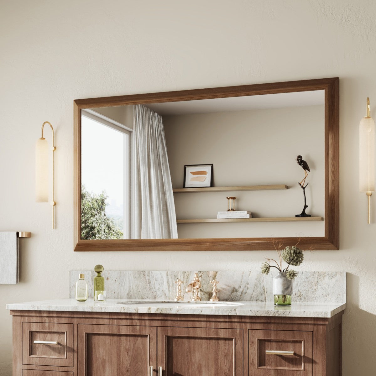 55" x 32" Dark Wood Grain Modern, Elegant Rectangular Wall Mirror with Tempered Glass, Shatterproof, Rust-Resistant Dark Wood Grain Aluminum Frame for Bathroom, Living Room & Hallway| Nolhurst