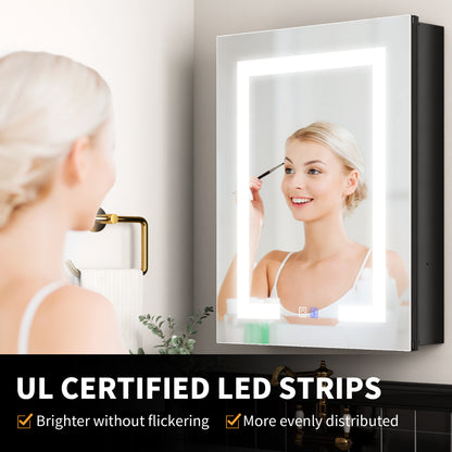 ExBrite 20"W x 26"H LED Medicine Cabinet with Matte Black Finish, Adjustable Shelves, Anti-Fog, USB Ports, Recessed or Surface Mount, Hinge on Left - ExBriteUSA