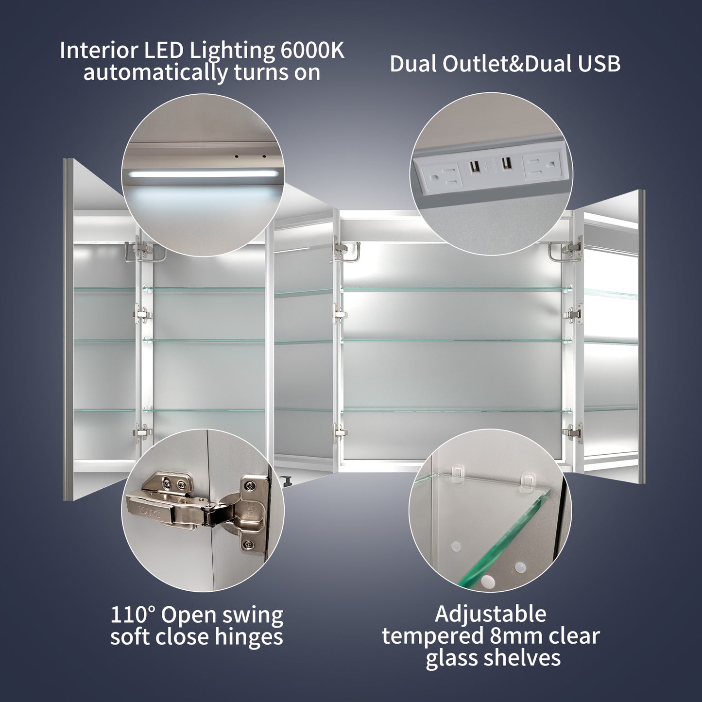 Rim 54" W x 32" H LED Lighted Medicine Cabinet Recessed or Surface with mirrors