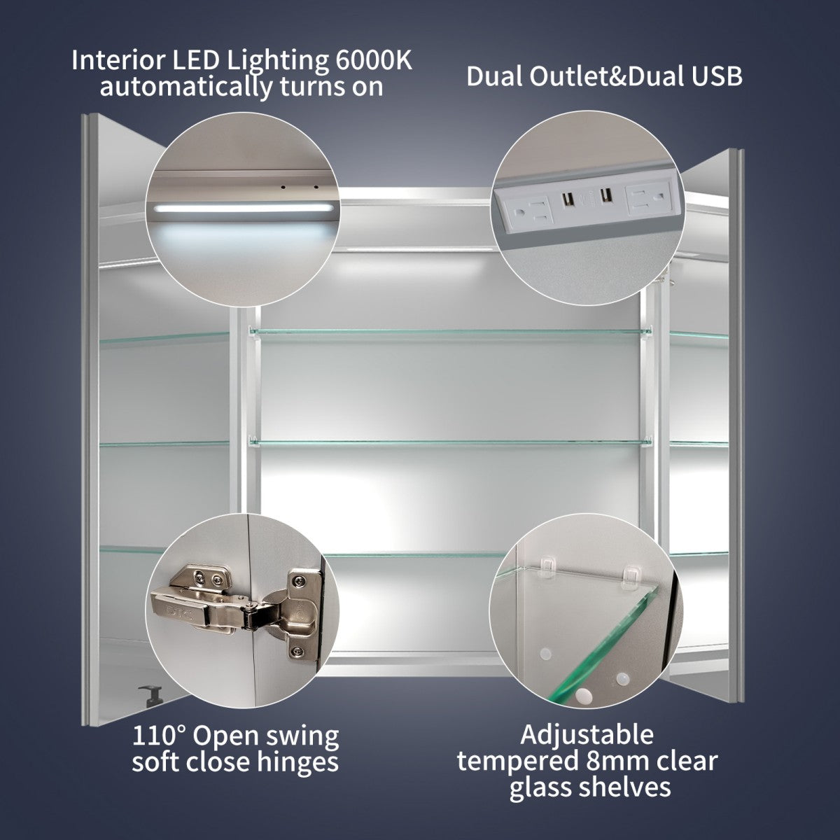 Rim 32 Inch Medicine Cabinet with LED Lights - 28" W x 32" H Recessed or Surface Mount with Mirrors