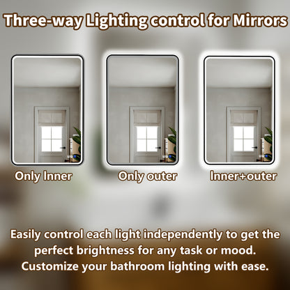 Lumina 24" W x 36" H LED Lighted Bathroom Mirror,High Illuminate, Inner & Outer Lighting,Anti-Fog, Dimmable,Black Frame with Rounded Corners