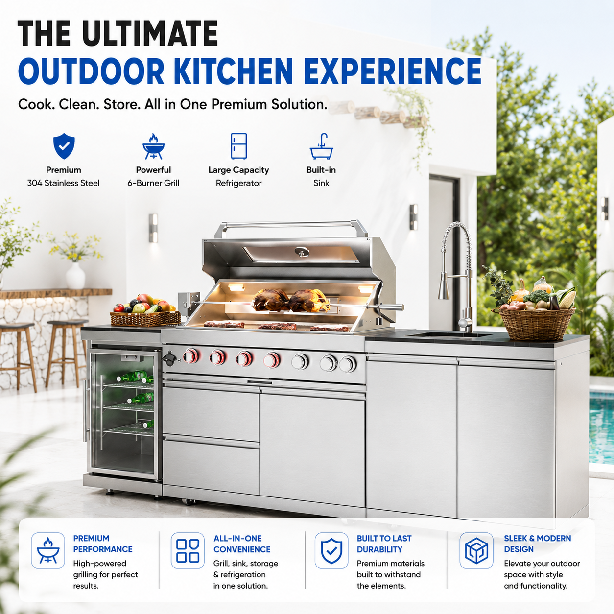 43-Inch 6-Burner 85000 BTU Deluxe Stainless Steel Gas Outdoor Kitchen Bar Barbecue Island Grill  + Wine Cooler Compact Refrigerator + Rotisserie + Granite Countertops + Storage Cabinets & Drawers
