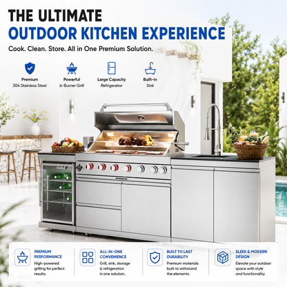 43-Inch 6-Burner 85000 BTU Deluxe Stainless Steel Gas Outdoor Kitchen Bar Barbecue Island Grill  + Wine Cooler Compact Refrigerator + Rotisserie + Granite Countertops + Storage Cabinets & Drawers