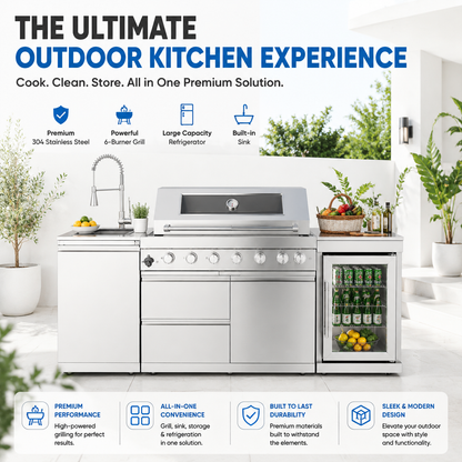 44-Inch 6-Burner 85,000 BTU Deluxe Stainless Steel Gas Outdoor Kitchen Island Grill with Wine Cooler Refrigerator, Rotisserie, Granite Countertops, Storage Cabinets & Drawers