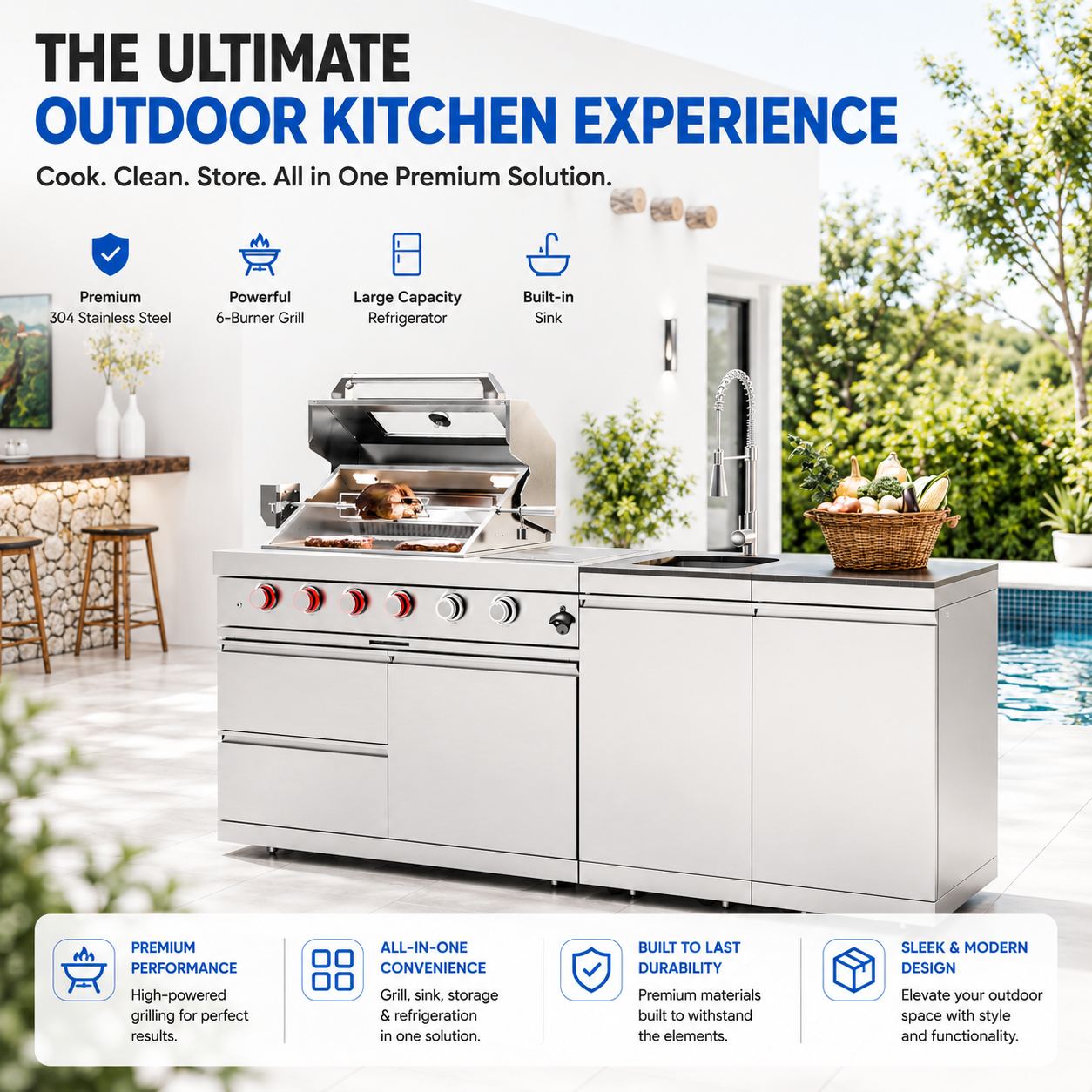 46-Inch 4-Burner 72000 BTU Deluxe Stainless Steel Gas Outdoor Kitchen Bar Barbecue Island Grill +Side B Rotisserie + Granite Countertops + Storage Cabinets & Drawers + Stainless Steel Sink/Faucet