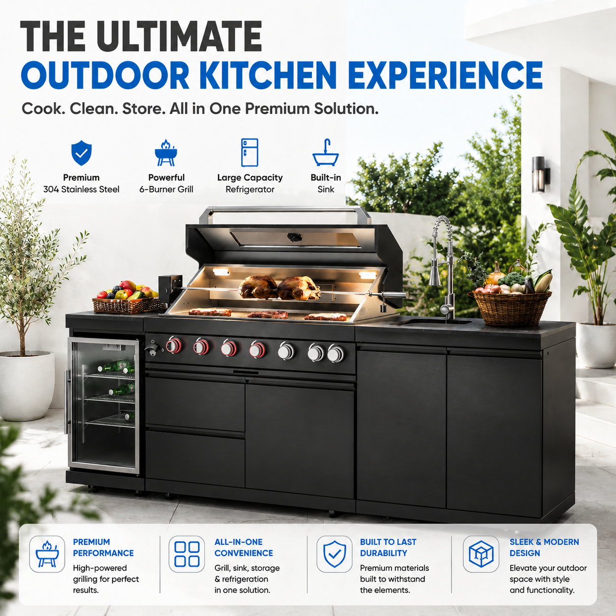 43-Inch 6-Burner 85000 BTU Deluxe Stainless Steel Gas Outdoor Kitchen Bar Barbecue Island Grill + Wine Cooler Compact Refrigerator + Rotisserie kit + Granite Countertops + Stainless steel Sink