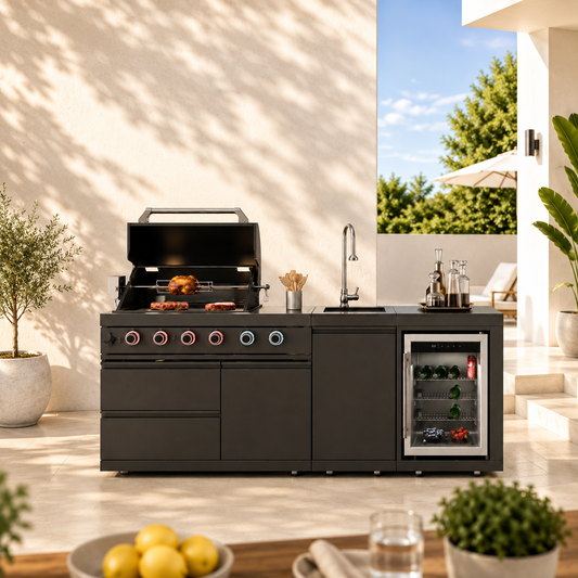 Outdoor Kitchen Island 85.2 Inch 4+1 Burner Propane Gas BBQ Grill 71500 BTU 304 Stainless Steel Black Color With CSA, ETL Certification + Sink + Refrigerator