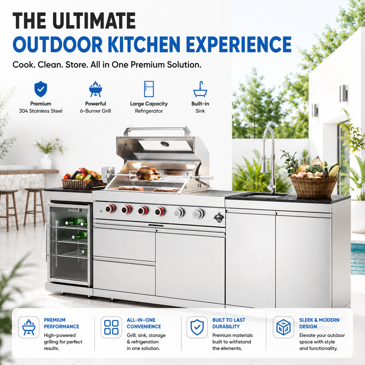 46-Inch 4-Burner 72000 BTU Deluxe Stainless Steel Gas Outdoor Kitchen Bar Barbecue Island Grill  + Wine Cooler Compact Refrigerator + Rotisserie + Granite Countertops + Storage Cabinets & Drawers
