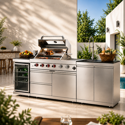 46-Inch 4-Burner 72000 BTU Deluxe Stainless Steel Gas Outdoor Kitchen Bar Barbecue Island Grill  + Wine Cooler Compact Refrigerator + Rotisserie + Granite Countertops + Storage Cabinets & Drawers