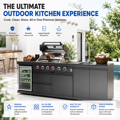 46-Inch 4-Burner 72000 BTU Deluxe Stainless Steel Gas Outdoor Kitchen Bar Barbecue Island Grill + Wine Cooler Compact Refrigerator + Rotisserie kit + Granite Countertops + Stainless steel Sink-104