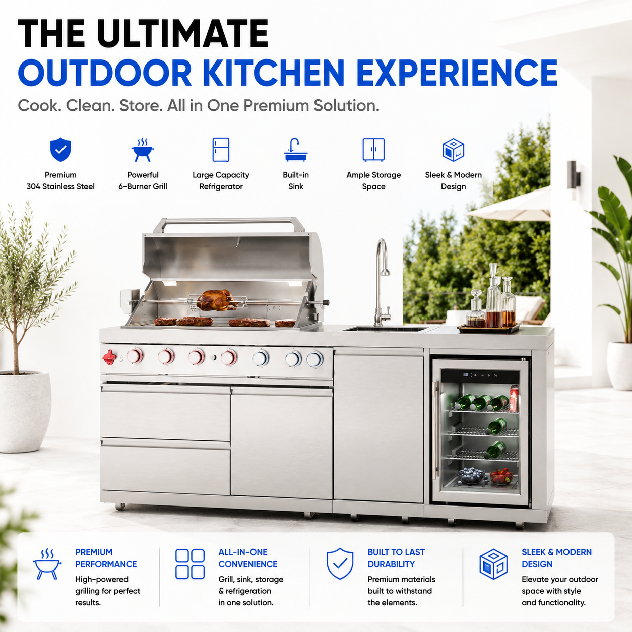 Outdoor Kitchen Island 82.5 Inch 6 Burner Propane Gas BBQ Grill 83500 BTU 304 Stainless Steel Silver Color With CSA, ETL Certification + Sink + Refrigerator